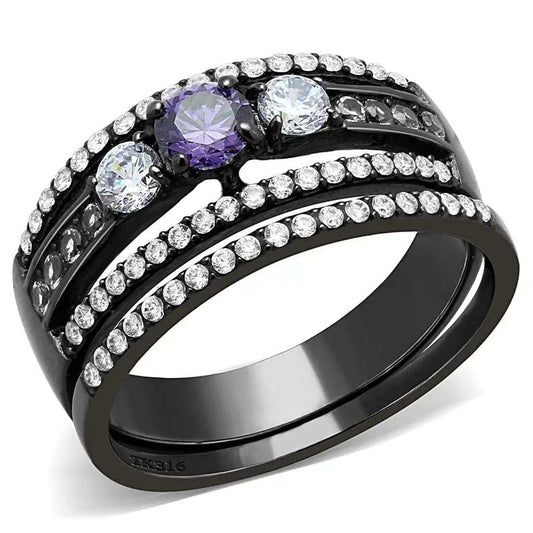 DA001 - IP Black(Ion Plating) Stainless Steel Ring with AAA Grade CZ in Amethyst - Alamode - Flyclothing LLC