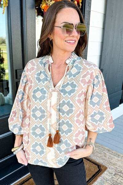 Tassel Tie Neck Balloon Sleeve Blouse - Trendsi - Flyclothing LLC