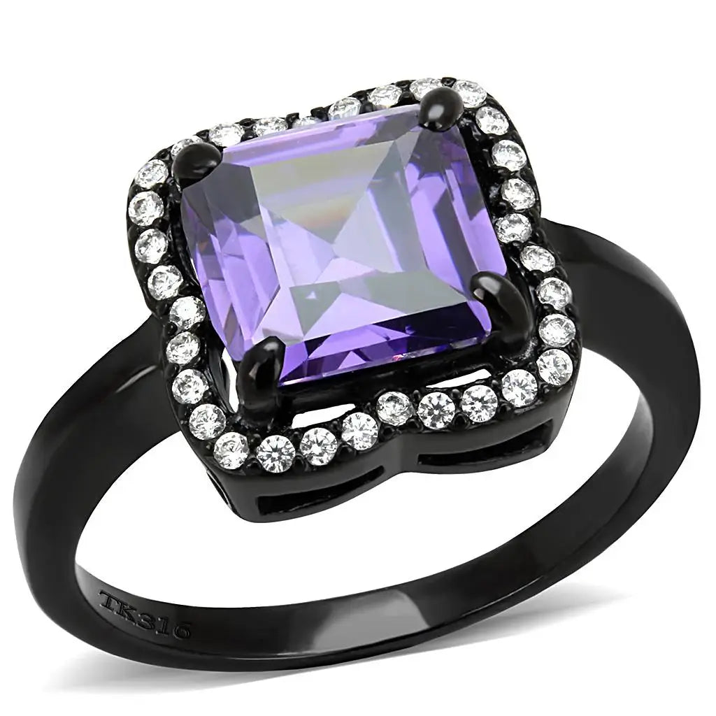 DA028 - IP Black(Ion Plating) Stainless Steel Ring with AAA Grade CZ in Amethyst - Alamode - Flyclothing LLC
