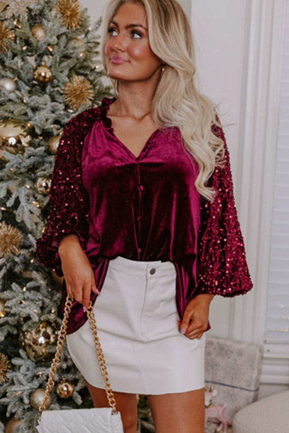 Sequin Notched Long Sleeve Blouse - Trendsi - Flyclothing LLC