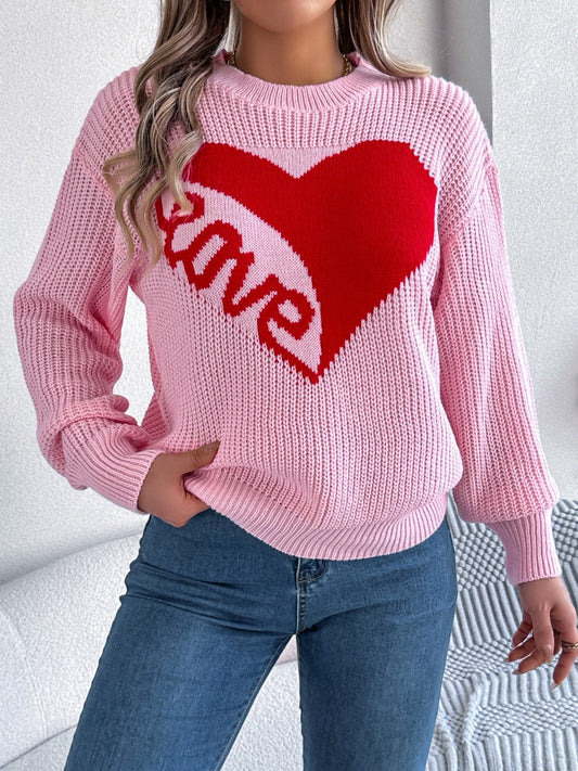 LOVE Heart Round Neck Dropped Shoulder Sweater - Trendsi