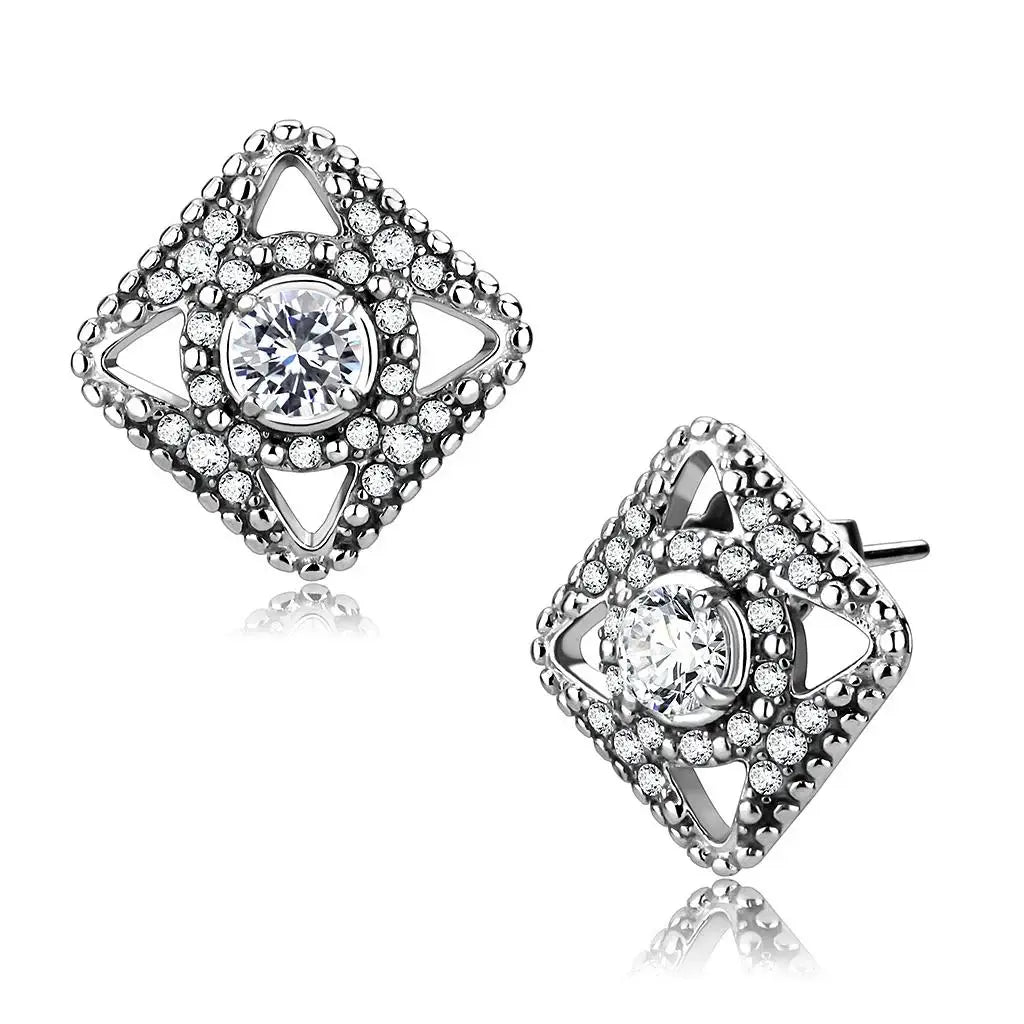 DA072 - High polished (no plating) Stainless Steel Earrings with AAA Grade CZ in Clear - Alamode - Flyclothing LLC
