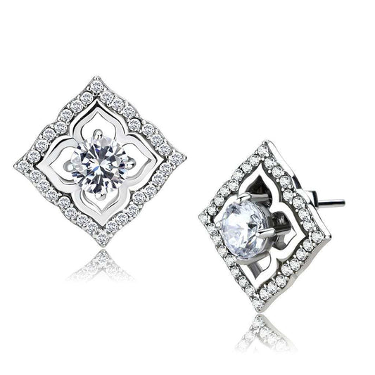 DA073 - High polished (no plating) Stainless Steel Earrings with AAA Grade CZ in Clear - Alamode - Flyclothing LLC