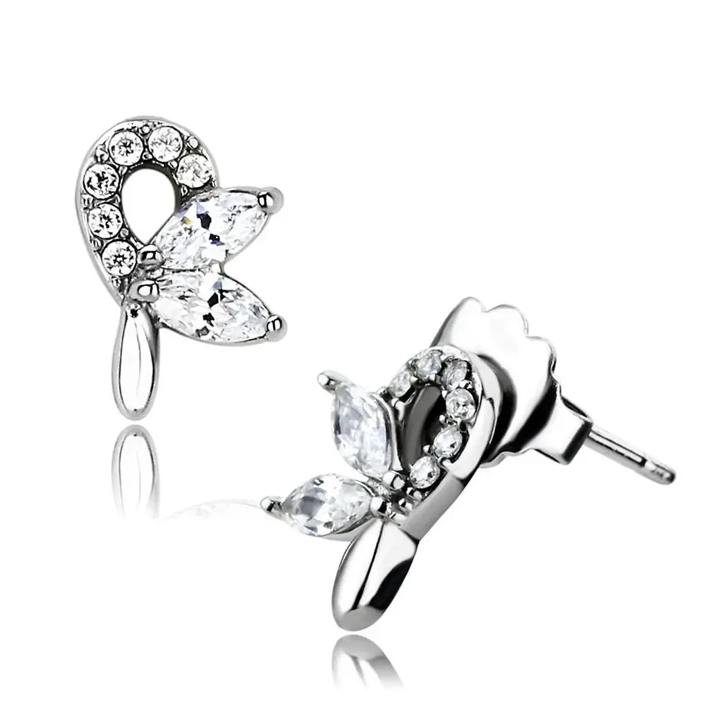 DA087 - High polished (no plating) Stainless Steel Earrings with AAA Grade CZ in Clear - Alamode - Flyclothing LLC