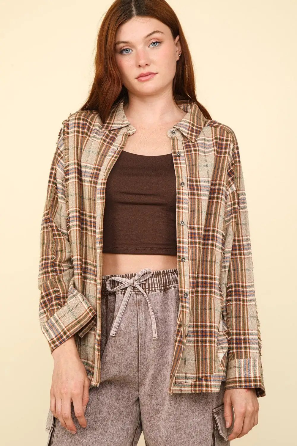 VERY J Contrast Plaid Raw Detail Shirt - Trendsi