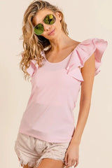 BiBi Wide Layered Ruffle Sleeve Scoop Neck Ribbed Top - Trendsi - Flyclothing LLC
