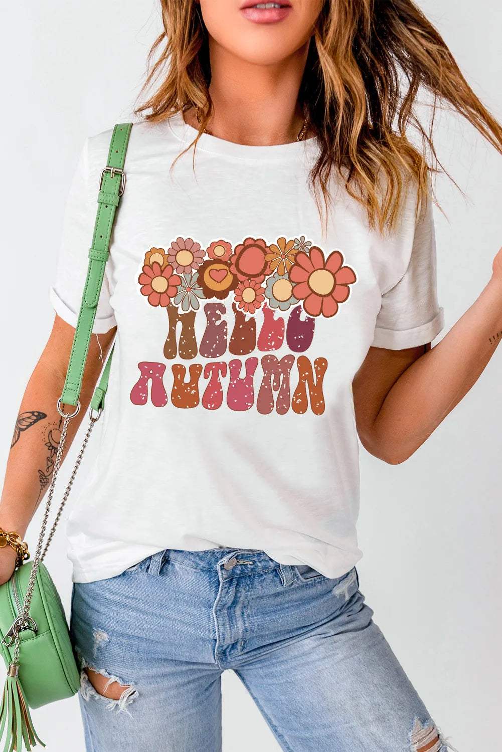 Flower & Letter Graphic Round Neck Short Sleeve T-Shirt - Trendsi - Flyclothing LLC