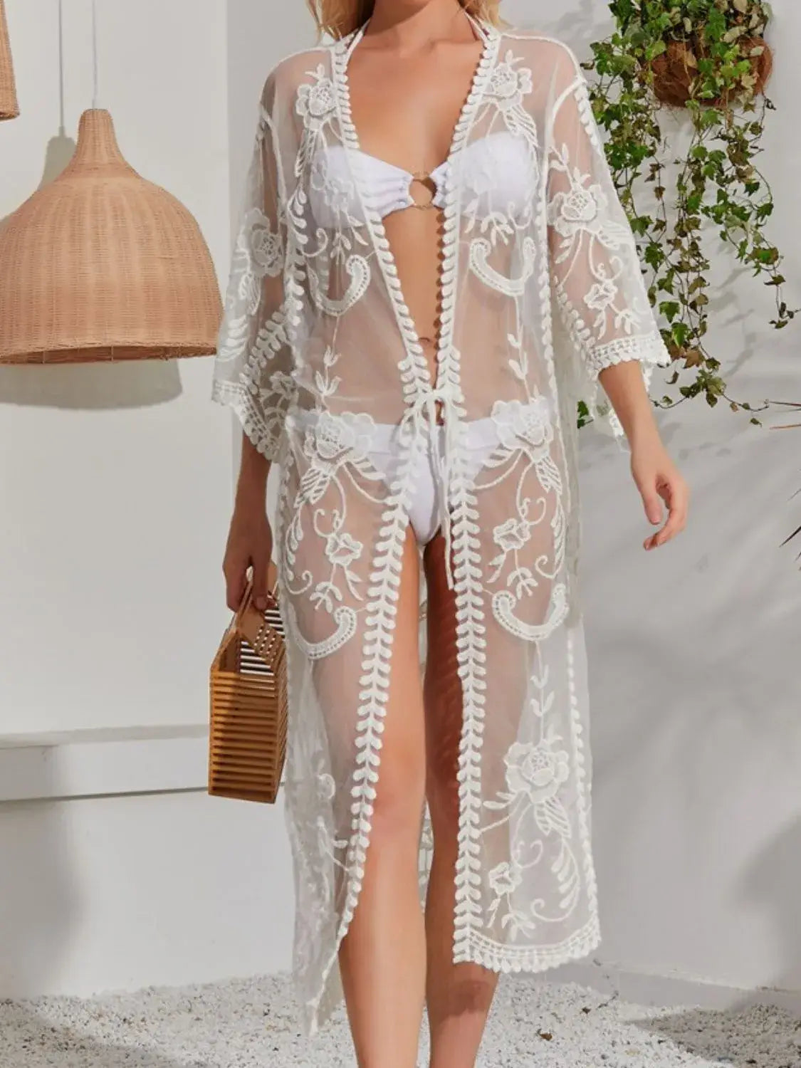 Lace Detail Open Front Longline Cover-Up - Trendsi - Flyclothing LLC