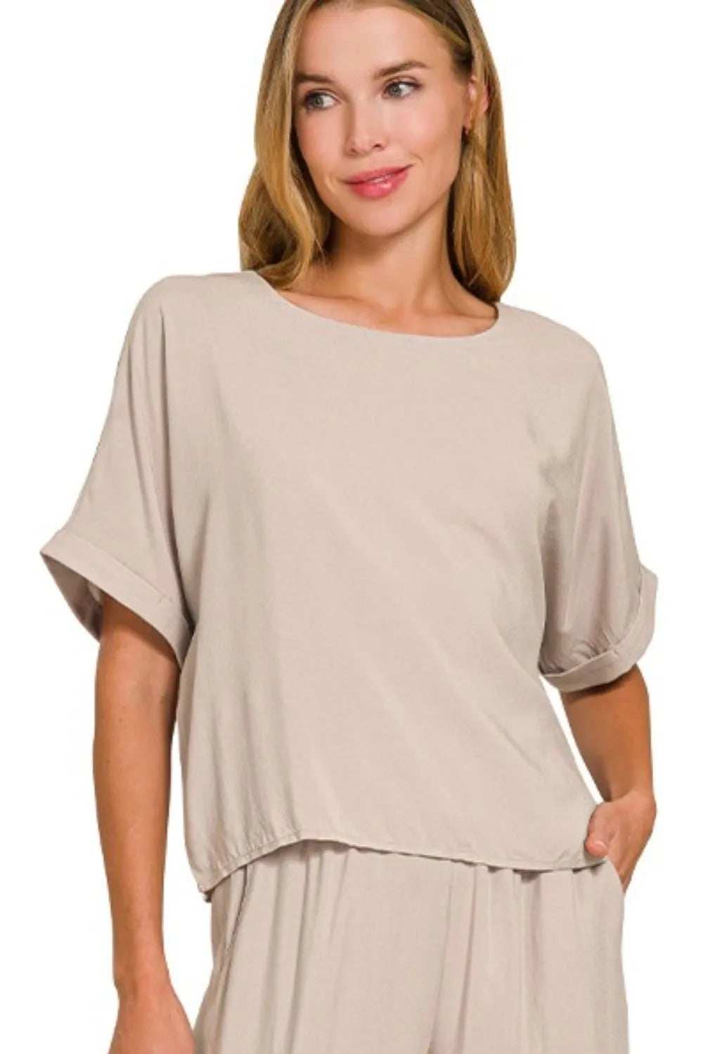 Zenana Round Neck T-Shirt and Wide Leg Pants Set - Trendsi - Flyclothing LLC