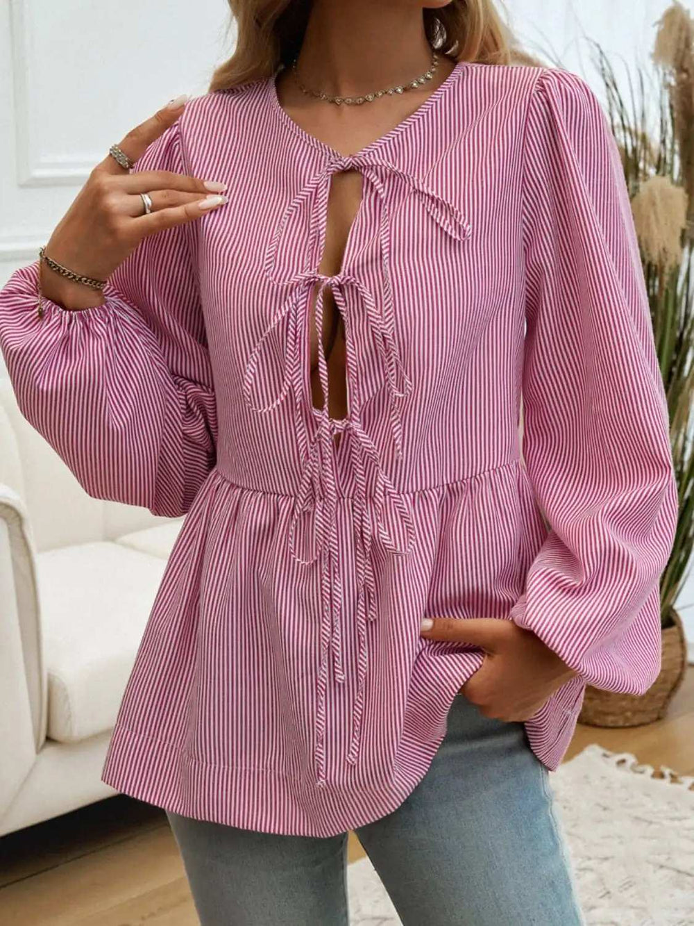 Devine Tied Striped Long Sleeve Blouse - Trendsi - Flyclothing LLC