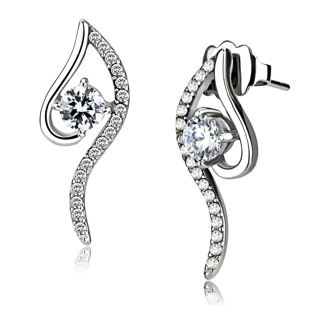 DA177 - High polished (no plating) Stainless Steel Earrings with AAA Grade CZ in Clear - Alamode - Flyclothing LLC