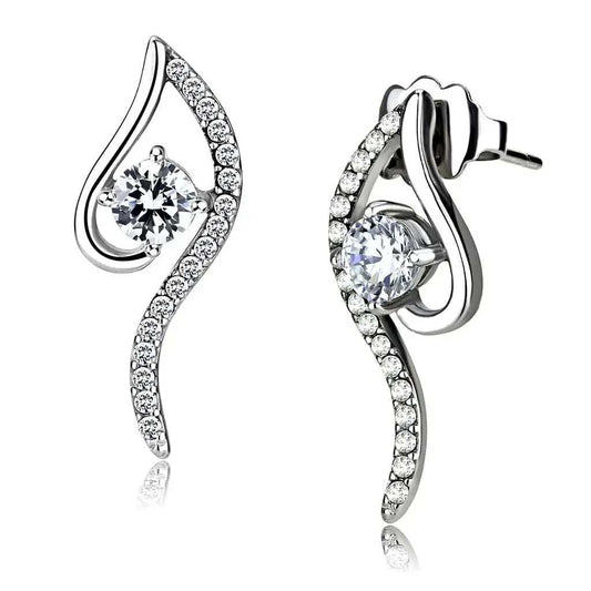 DA177 - High polished (no plating) Stainless Steel Earrings with AAA Grade CZ in Clear - Alamode - Flyclothing LLC