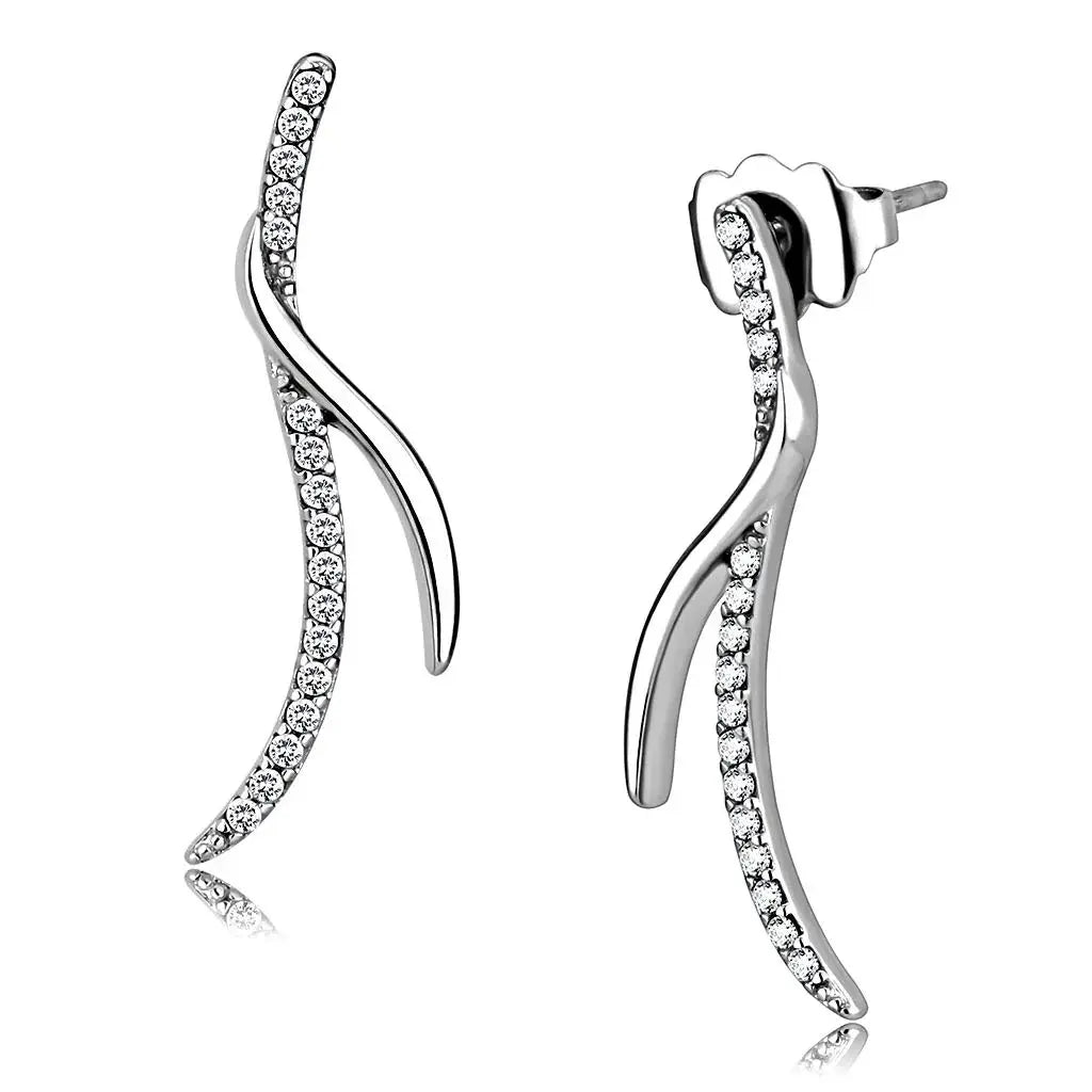DA183 - High polished (no plating) Stainless Steel Earrings with AAA Grade CZ in Clear - Alamode - Flyclothing LLC