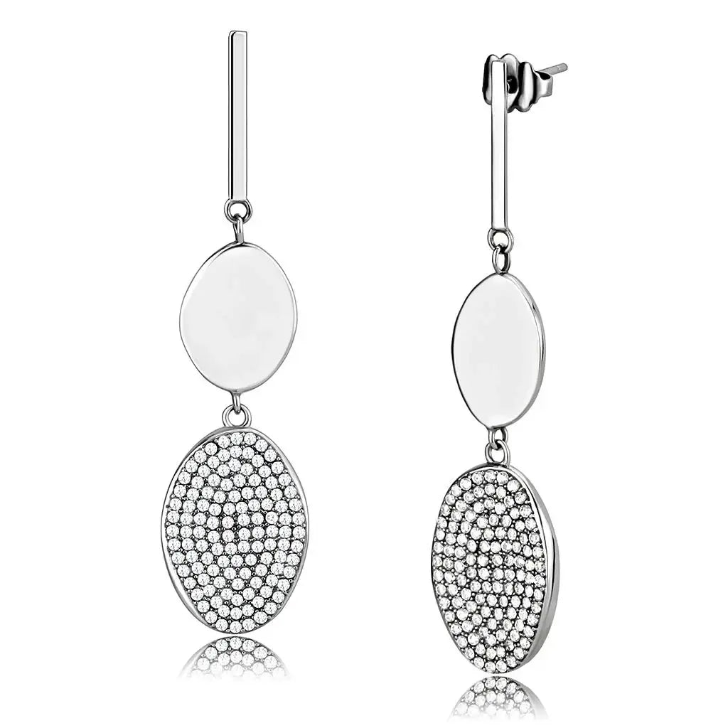 DA193 - High polished (no plating) Stainless Steel Earrings with AAA Grade CZ in Clear - Alamode - Flyclothing LLC