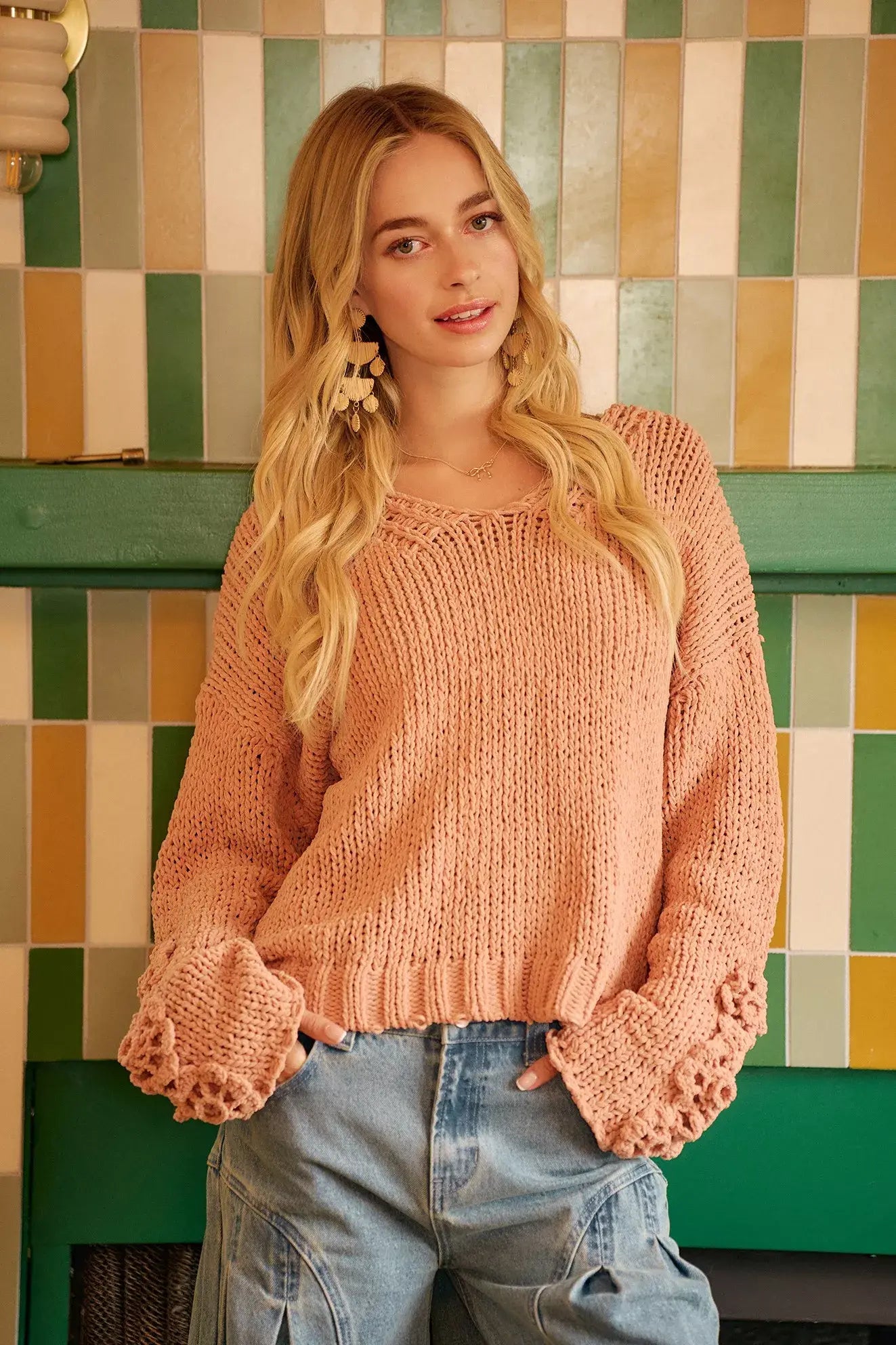 BiBi Chunky Knit Sweater with Flower Detail Sleeves - Trendsi - Flyclothing LLC