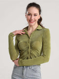 Ruched Button Up Long Sleeve T-Shirt - Trendsi - Flyclothing LLC