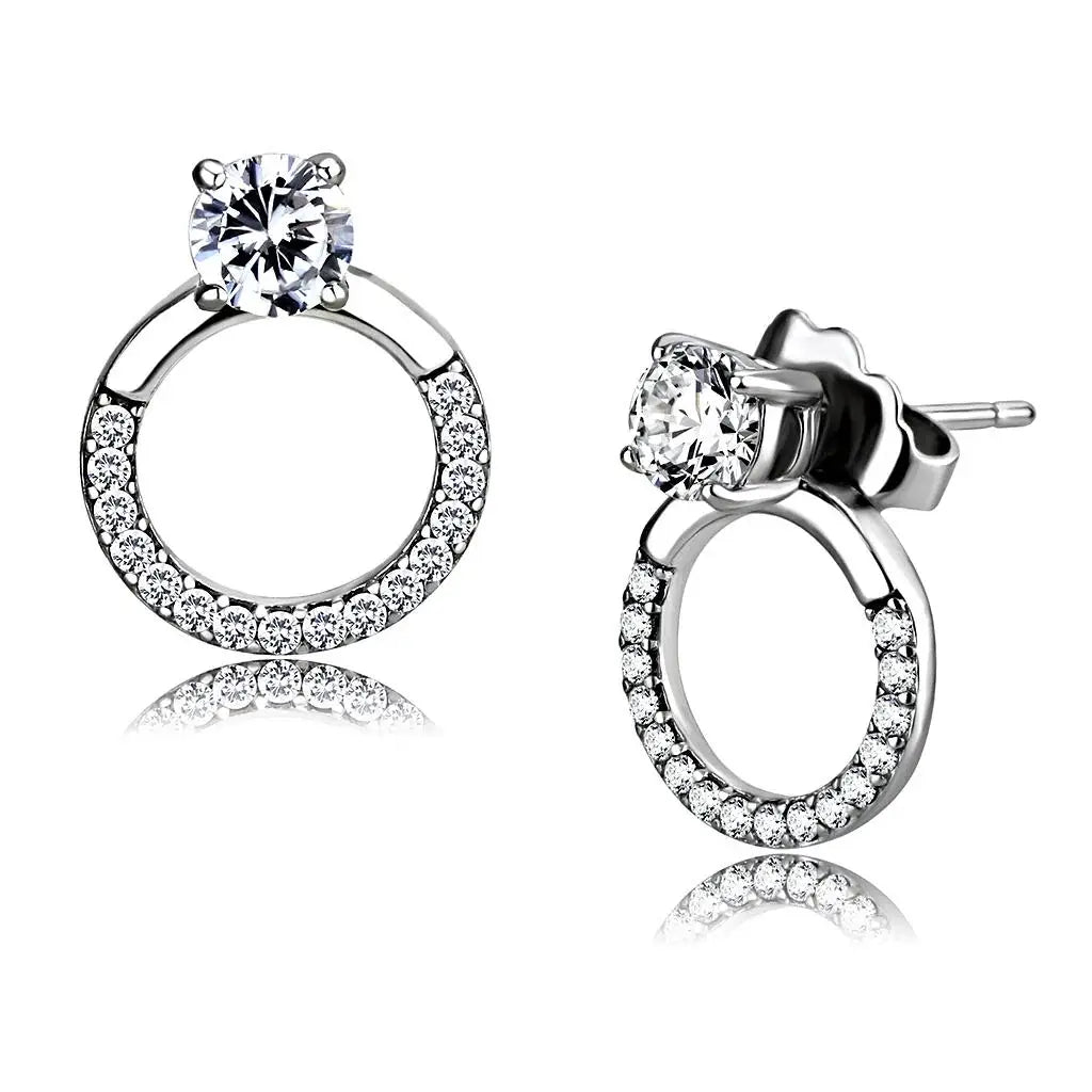 DA208 - High polished (no plating) Stainless Steel Earrings with AAA Grade CZ in Clear - Alamode - Flyclothing LLC