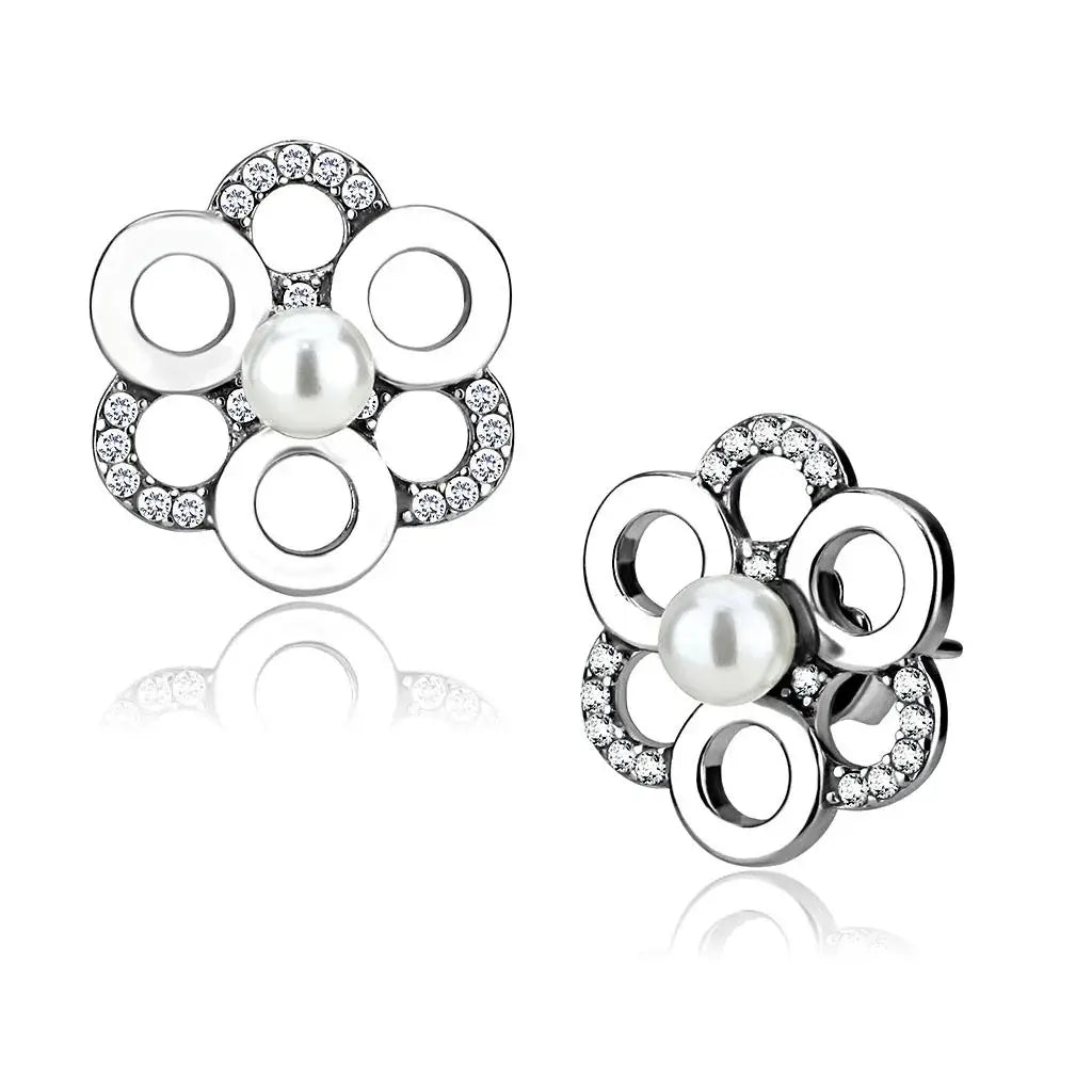 DA214 - High polished (no plating) Stainless Steel Earrings with Synthetic Pearl in White - Alamode - Flyclothing LLC