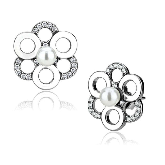 DA214 - High polished (no plating) Stainless Steel Earrings with Synthetic Pearl in White - Alamode - Flyclothing LLC
