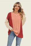 Double Take Texture Contrast Round Neck Long Sleeve T-Shirt - Trendsi - Flyclothing LLC