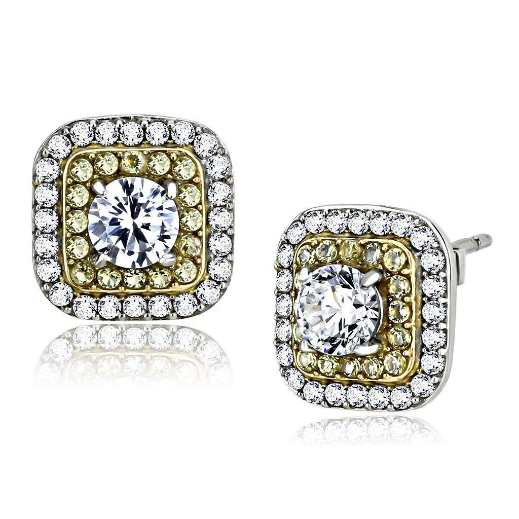 DA220 - Two-Tone IP Gold (Ion Plating) Stainless Steel Earrings with AAA Grade CZ in Clear - Alamode - Flyclothing LLC
