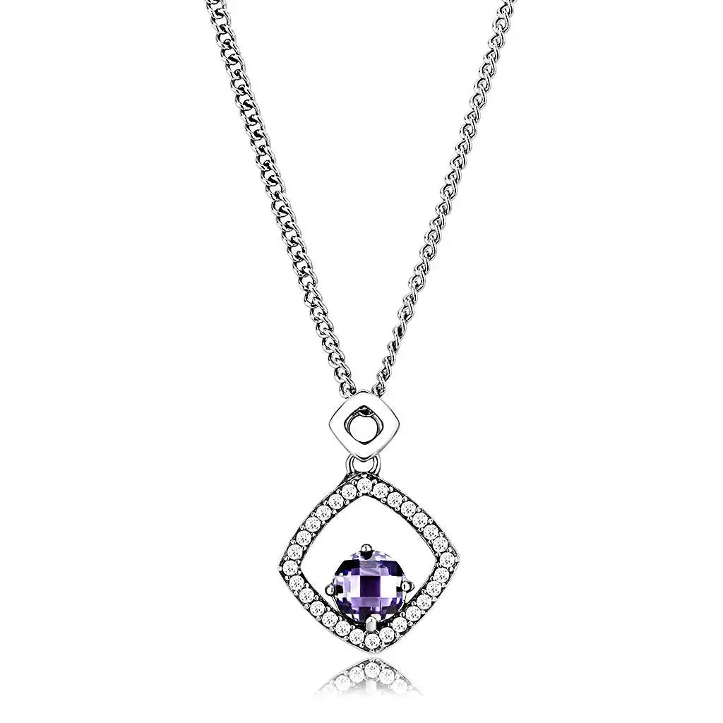 DA229 - High polished (no plating) Stainless Steel Chain Pendant with AAA Grade CZ in Amethyst - Alamode - Flyclothing LLC