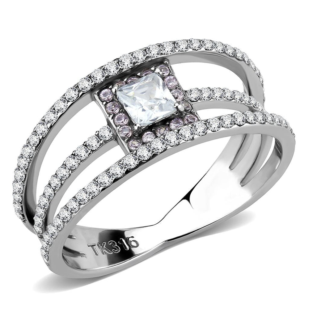 DA257 - High polished (no plating) Stainless Steel Ring with AAA Grade CZ  in Clear - Alamode