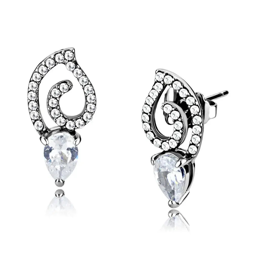 DA291 - High polished (no plating) Stainless Steel Earrings with AAA Grade CZ in Clear - Alamode - Flyclothing LLC