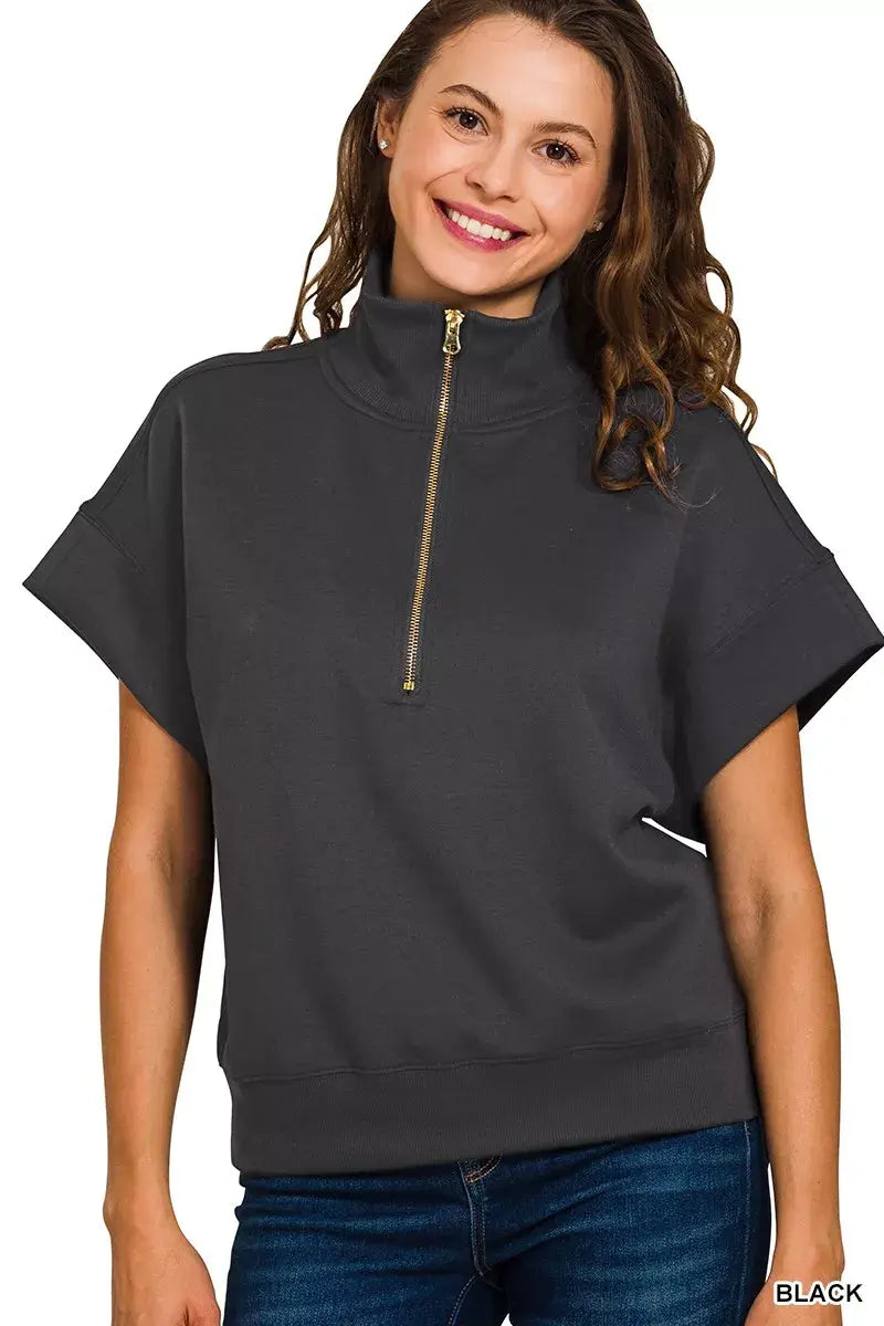Zenana Full Size Scuba High Neck Half Zip Short Sleeve Top Plus Size - Trendsi - Flyclothing LLC