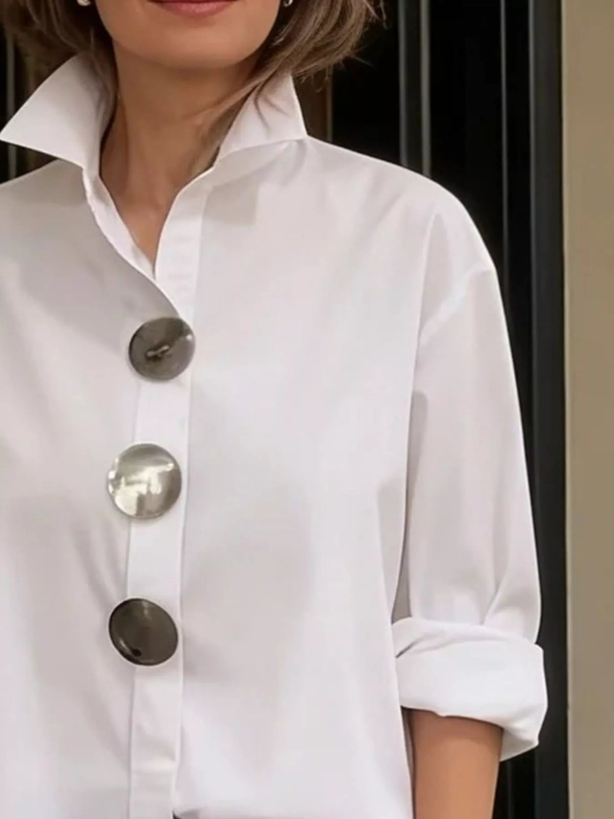 Full Size Oversized Metal Button Long Sleeve Shirt Plus Size - Trendsi - Flyclothing LLC