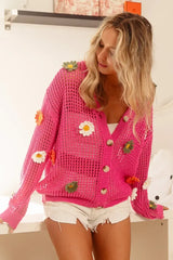 BiBi Flower Patches Open Knit Sweater Cardigan - Trendsi - Flyclothing LLC