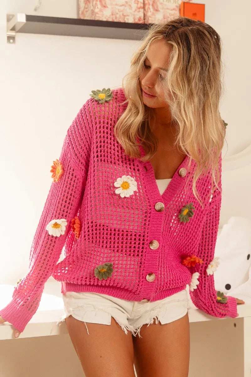 BiBi Flower Patches Open Knit Sweater Cardigan - Trendsi - Flyclothing LLC