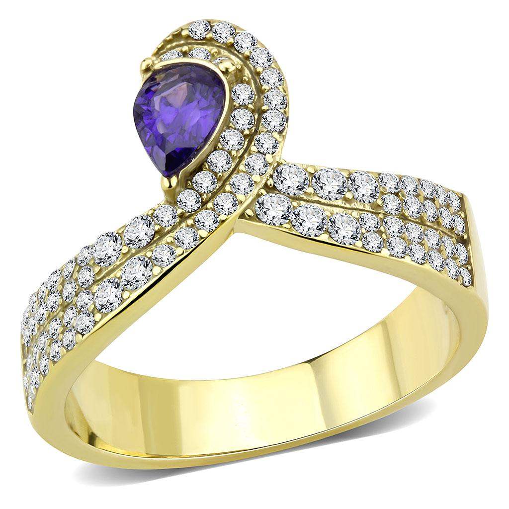 DA304 - IP Gold(Ion Plating) Stainless Steel Ring with AAA Grade CZ in Tanzanite - Alamode - Flyclothing LLC
