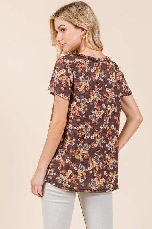 BOMBOM Lightweight Floral Round Neck Short Sleeve T-Shirt - Trendsi - Flyclothing LLC