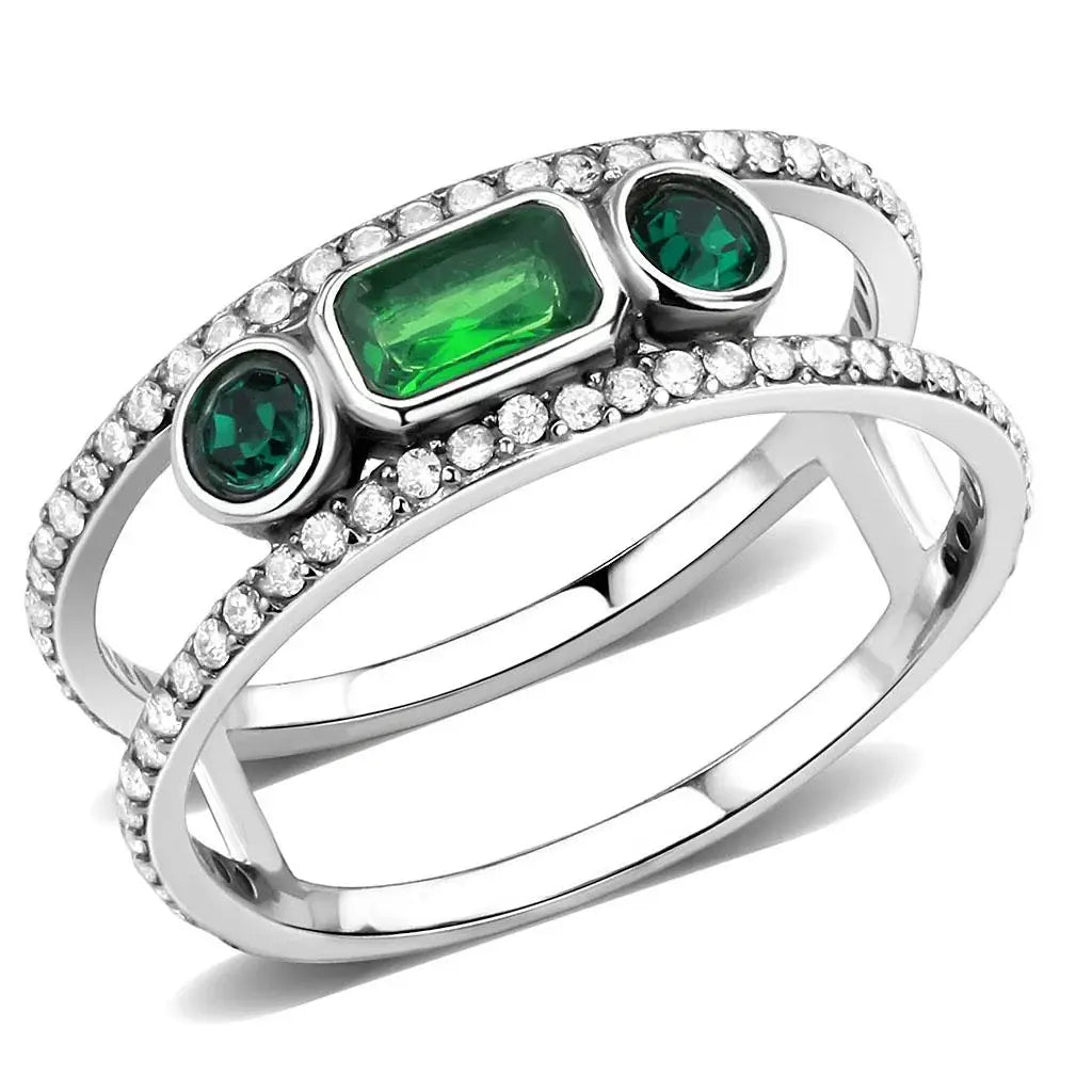 DA348 - High polished (no plating) Stainless Steel Ring with Synthetic Synthetic Glass in Emerald - Alamode - Flyclothing LLC