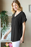 Heimish Full Size Front Pocket Short Sleeve Ribbed Top - Trendsi