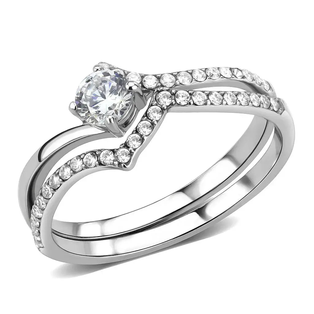 DA350 - High polished (no plating) Stainless Steel Ring with AAA Grade CZ in Clear - Alamode - Flyclothing LLC