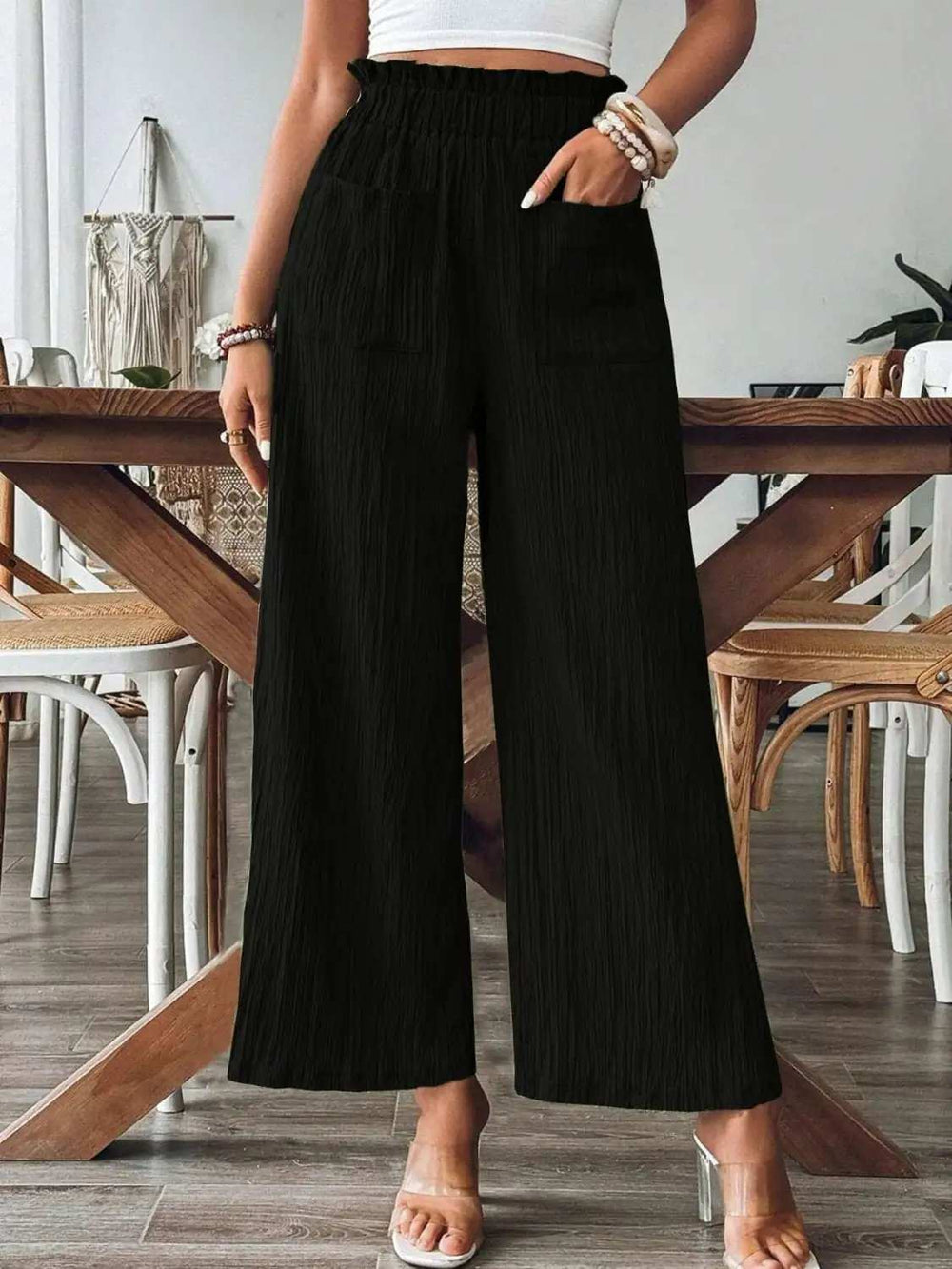 Pocketed Elastic Waist Wide Leg Pants - Trendsi - Flyclothing LLC