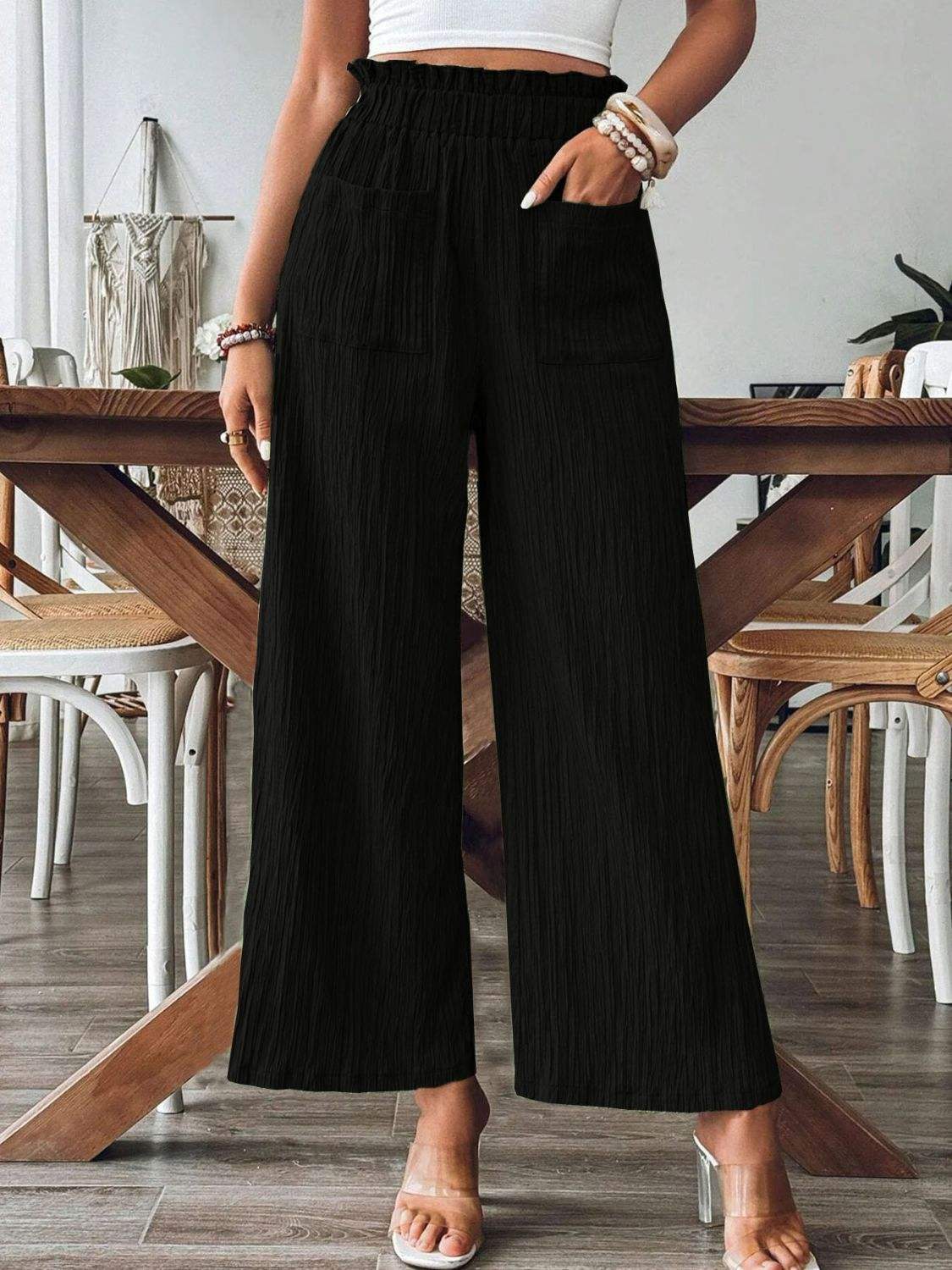 Pocketed Elastic Waist Wide Leg Pants - Trendsi - Flyclothing LLC