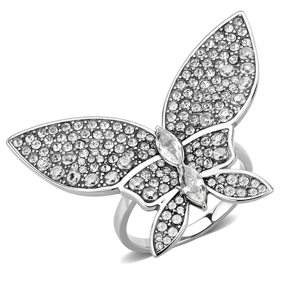 DA365 - High polished (no plating) Stainless Steel Ring with AAA Grade CZ in Clear - Alamode - Flyclothing LLC