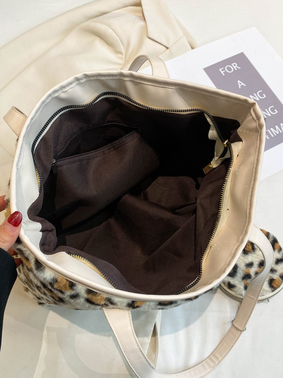 Leopard Faux Fur Tote Bag with Coin Purse - Trendsi