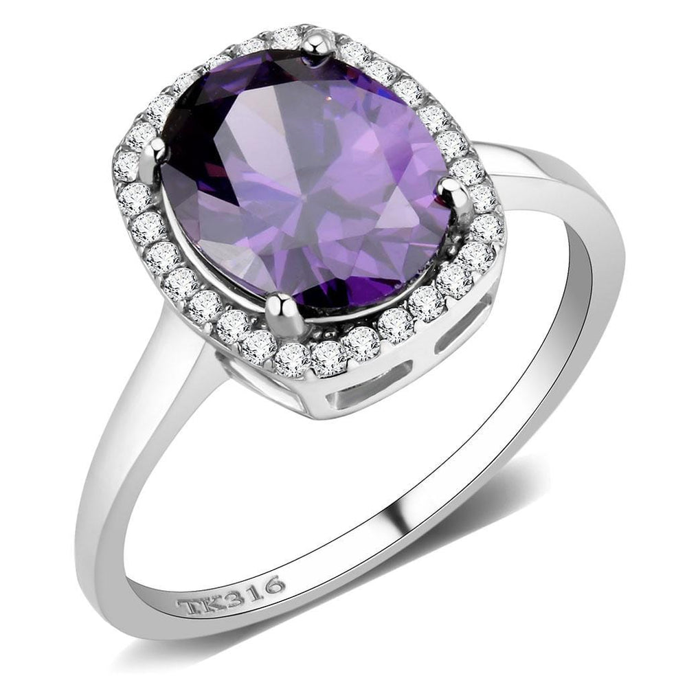 DA385 - High polished (no plating) Stainless Steel Ring with AAA Grade CZ  in Amethyst - Alamode