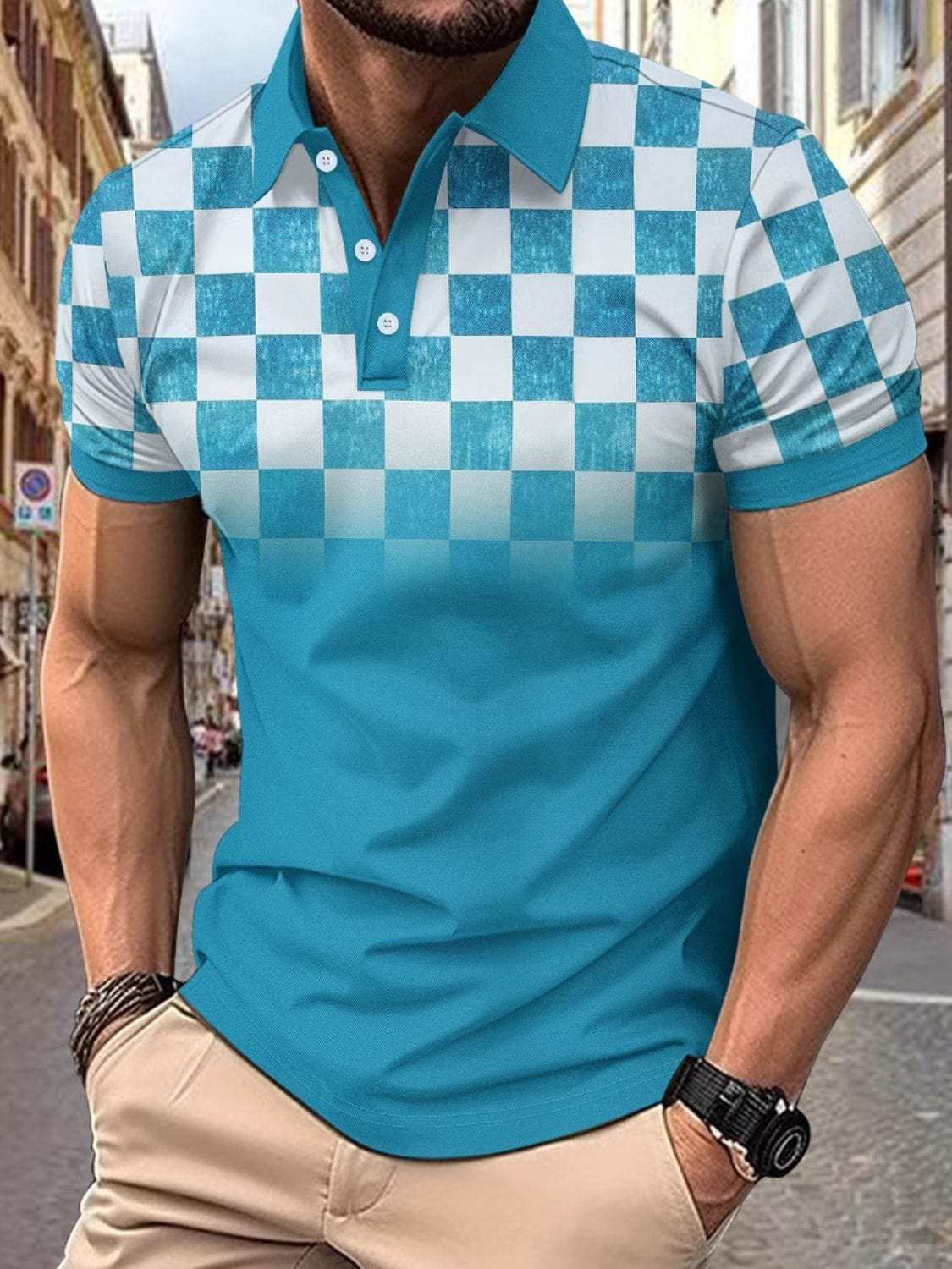 Men's Full Size Collared Checkered Short Sleeve Polo Plus Size - Trendsi - Flyclothing LLC