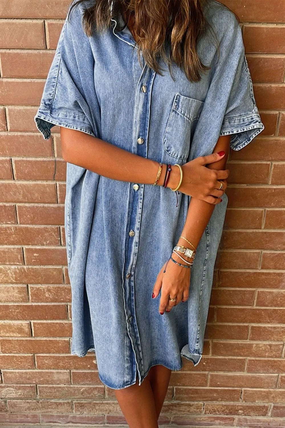 Pocketed Button Up Half Sleeve Denim Dress - Trendsi
