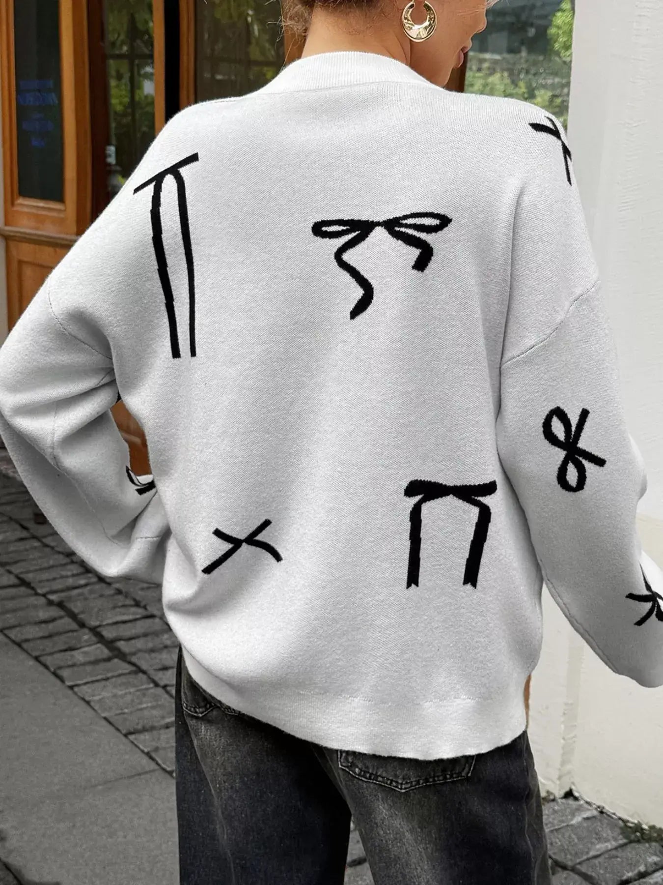 Bow Round Neck Dropped Shoulder Sweater - Trendsi - Flyclothing LLC