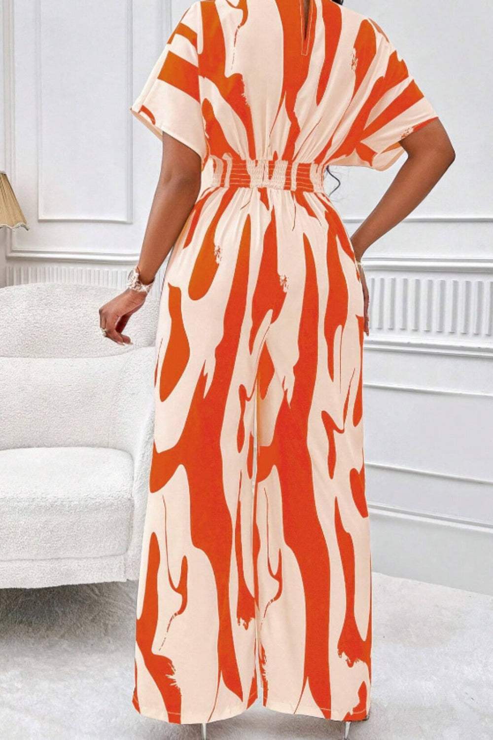 Printed V-Neck Short Sleeve Wide Leg Jumpsuit - Trendsi - Flyclothing LLC