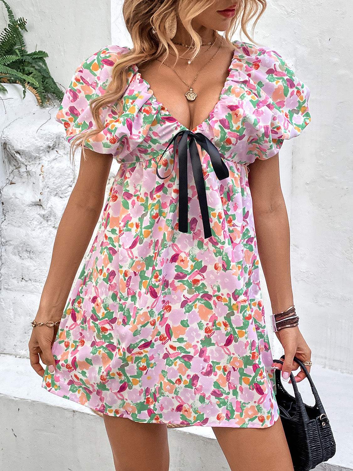 Printed V-Neck Puff Sleeve Mini Dress - Trendsi - Flyclothing LLC