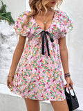 Printed V-Neck Puff Sleeve Mini Dress - Trendsi