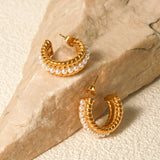 Stainless Steel Pearl C-Hoop Earrings - Trendsi