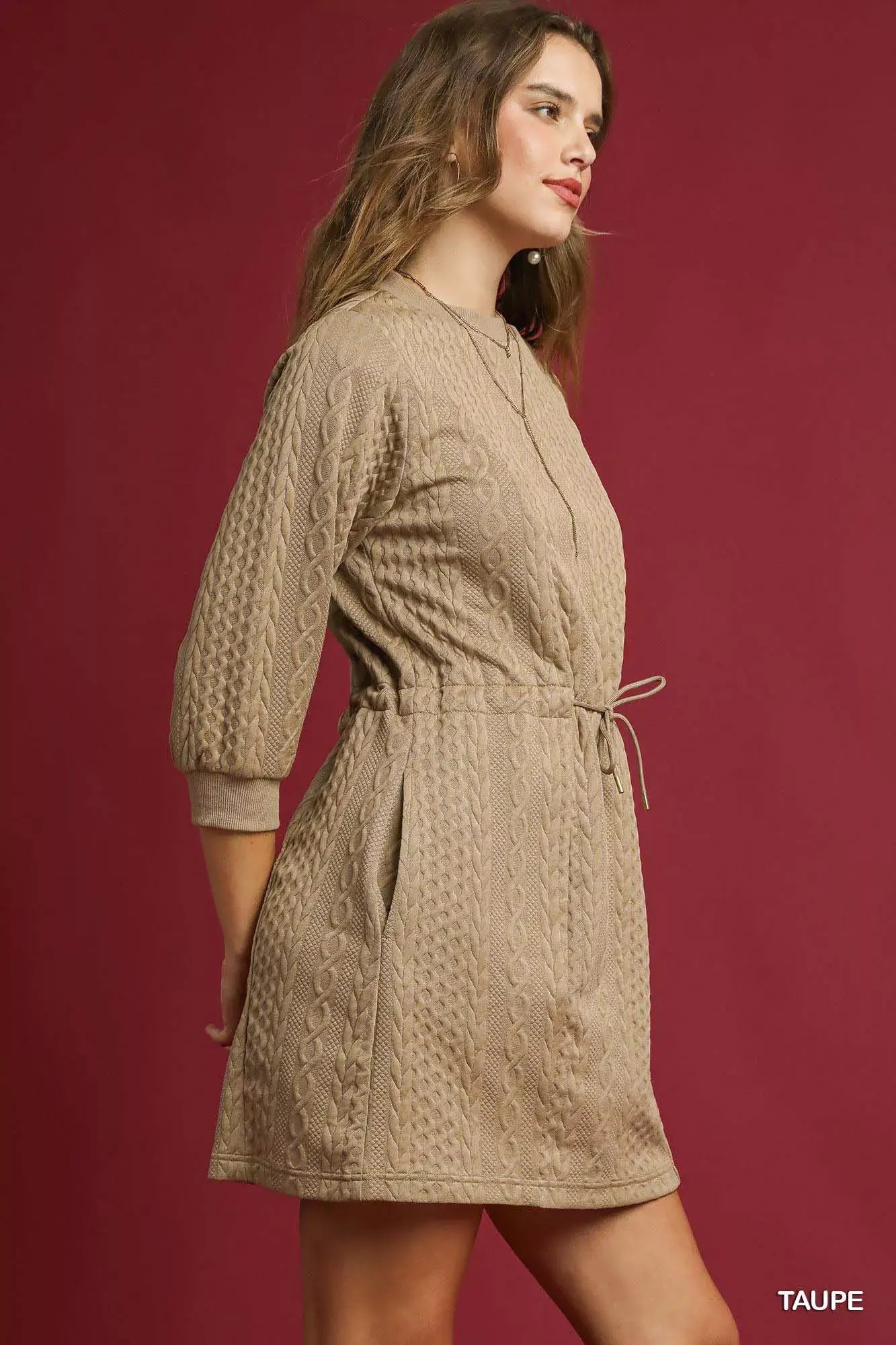 Umgee Drawstring Cable Knit Mini Dress with Pockets - Trendsi - Flyclothing LLC